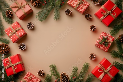 Festive Holiday Scene With Red Gifts and Pinecones on a Neutral Background.