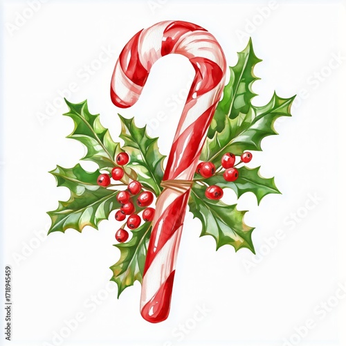 Candy Cane and Holly Decoration for Festive Holiday Celebration