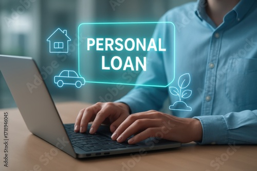 Applying for personal loans online via laptop for financial assistance and home or car purchase