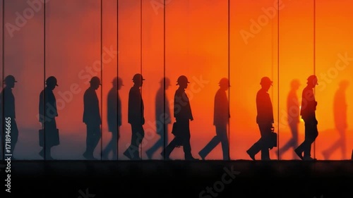 Silhouetted Commuters: A dramatic silhouette of individuals walking against a vibrant backdrop, symbolizing journey, routine, and the daily commute in this evocative image.