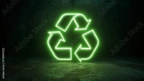 Neon Recycling Symbol: A vibrant, neon recycling symbol glows brightly against a textured, dark background, illuminating the crucial message of environmental responsibility and sustainability.