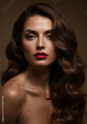 Wallpaper Mural Glamour and Elegance: A close-up studio shot showcasing a beautiful person with flowing dark hair, dramatic red lips, and a captivating gaze. A picture of elegance and beauty. Torontodigital.ca