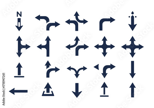 An array of directional arrows of various shapes and orientations