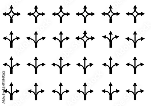 An array of black divergent arrows set against a stark white backdrop neatly arranged in rows and columns
