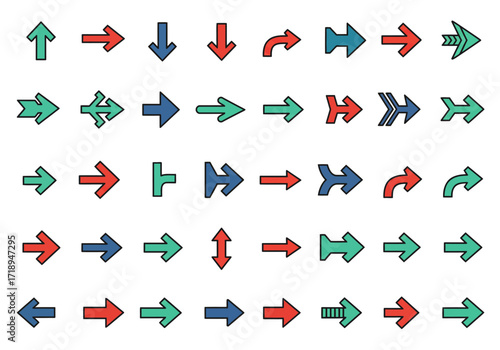 An assortment of 42 colorful arrows varying in design direction and color green red and blue arranged in a grid pattern on a white background
