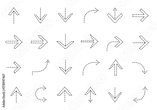 Black dashed arrows pointing various directions arranged in a grid