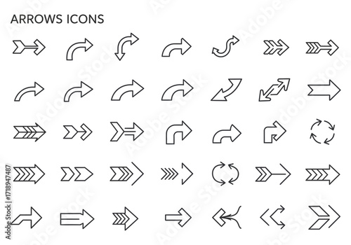 Collection of diverse linear arrow icons arranged in a grid formation titled ARROWS ICONS at top left