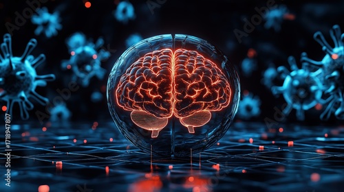 Two glowing shields protecting a delicate brain from shadowy disease tendrils, symbolizing health defense.