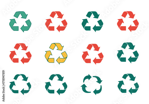 Twelve recycling symbols in a grid pattern colored green red and yellow isolated on a white background