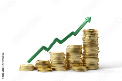 Growing stacks of gold coins with upward green arrow