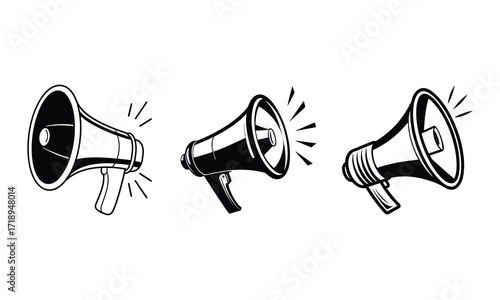Three hand drawn black and white illustrations of vintage megaphones emitting sound waves symbolizing announcements promotions and communication with a retro aesthetic on a white background