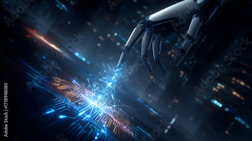 Robotic hand interacting with glowing circuit board in a futuristic urban setting