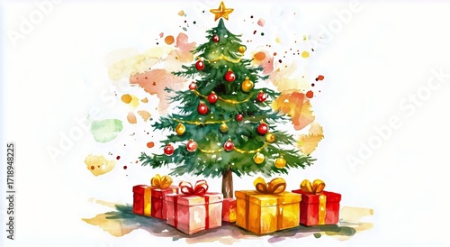 Festive Christmas Tree Adorned With Colorful Decorations and Presents Below