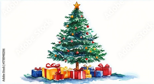 Festive Christmas Tree Adorned With Colorful Decorations and Presents Below.