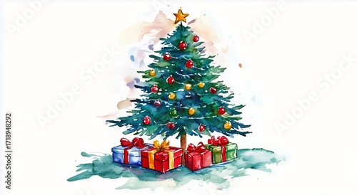 Holiday Celebration With a Colorful Christmas Tree and Wrapped Gifts