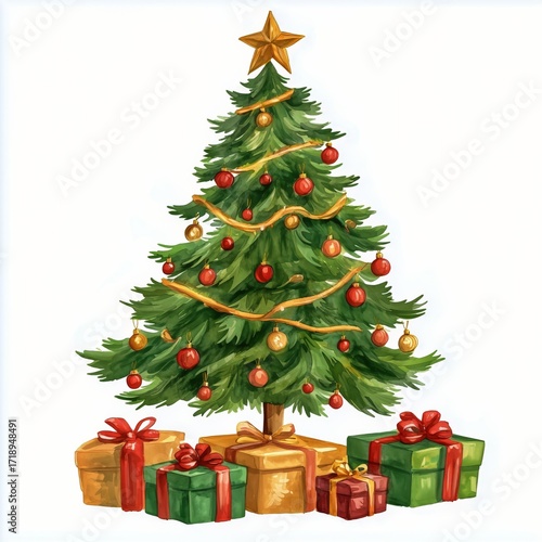 Festive Christmas Tree Adorned With Ornaments and Wrapped Gifts
