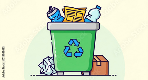 Recycling bin with paper plastic and metal cans for waste management and environmental protection concept