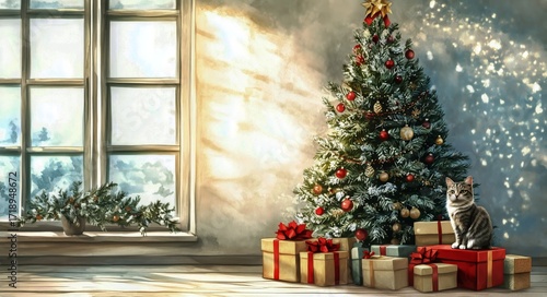Christmas Tree With Decorations and Gifts, Featuring a Cat in a Cozy Room