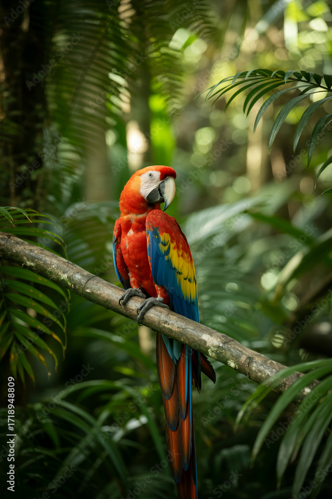 Obraz premium Vibrant scarlet macaw parrot perched on a branch in a lush tropical rainforest environment