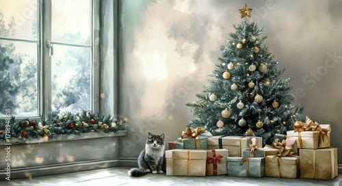 Christmas Tree With Decorations and Gifts, Featuring a Cat in a Cozy Room.