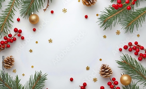 Festive Decoration With Pine Branches, Red Berries, and Golden Ornaments for ...