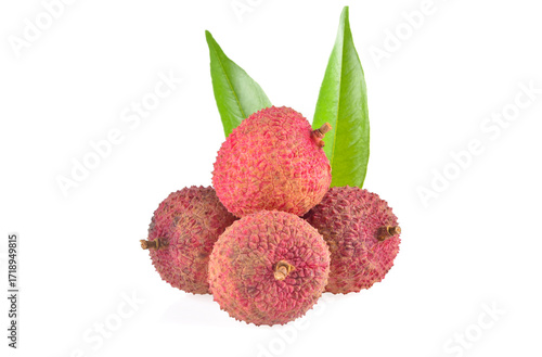 Lychee with leaves isolated on white background.