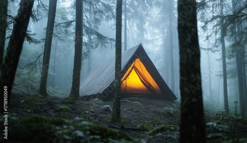 Mysterious Cabin Glows Warmly in the Foggy Forest at Dusk.