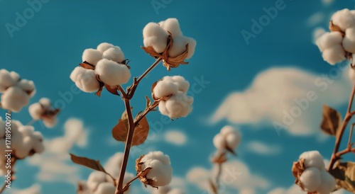 Cotton Plants Blooming Under a Clear Sky in a Rural Field During Late Afterno...