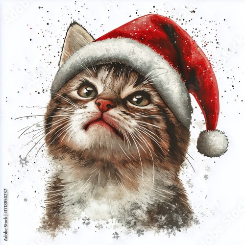 Happy Kitten Wearing a Santa Hat Surrounded by Snowflakes During the Holiday ...