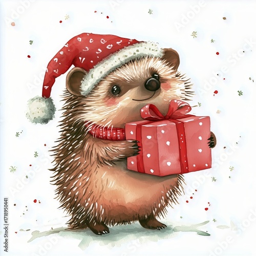 Cute Hedgehog Wearing a Santa Hat Holds a Gift in a Snowy Winter Scene