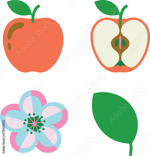 Delightful collection of fresh apple, blossom, and leaf icons for healthy eating and nature themes