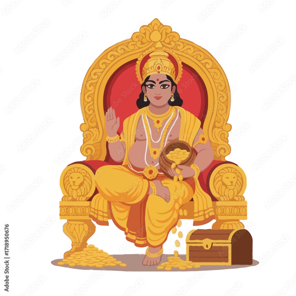 Fototapeta premium Dhanteras Happy Kuber Festival Gold Coins Lord Indian Icons Wealth Celebration Prosperity Royal Treasure Artistic Illustration Art Joy Spiritual