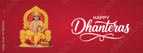 Kuber Happy Dhanteras Indian Wealth Festival Golden Coins Pot Throne Lord Joyful Illustration Celebration Abundance Tradition Prosperity Spiritual Art
