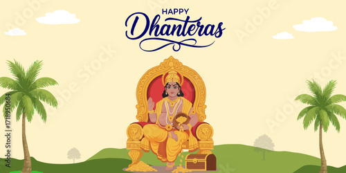 Happy Dhanteras Gold Coins Kuber Indian Lord Festival Traditional Royal Celebration Wealth Treasure Prosperity Illustration Abundance Divine Art