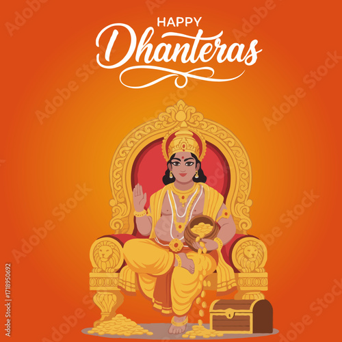 Happy Dhanteras Golden Pot Coins Kuber Indian Wealth God Festival Artistic Illustration Traditional Prosperity Celebration Royal Divine Culture Art