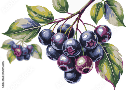 Vibrant cluster of ripe blueberries hanging from a leafy branch, showcasing nature's healthy bounty