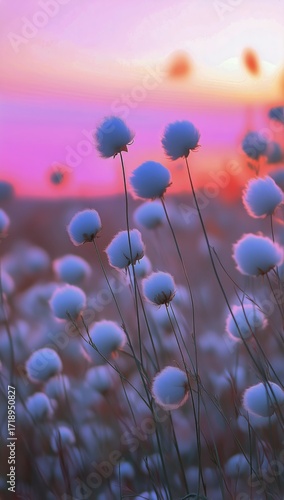 Cotton Flowers Sway Gently in the Evening Light During Sunset in a Beautiful ...