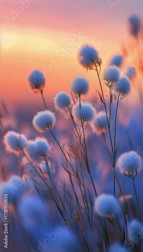 Soft White Flowers Bloom Against a Colorful Sunset Sky in a Serene Landscape