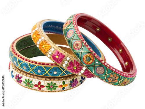 Exquisite handcrafted bangles showcasing vibrant floral designs and intricate jewel embellishments,isolated on white background