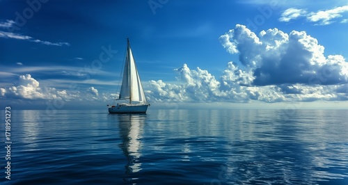 Sailboat Glides Over Calm Water Under a Bright Blue Sky With Fluffy White Clouds