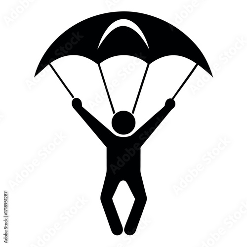 Silhouette of Parachutist with Open Arms and Parachute Descending Safely to the Ground