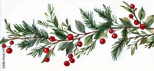 Festive Green Garland With Red Berries for Holiday Decoration or Seasonal Cra...