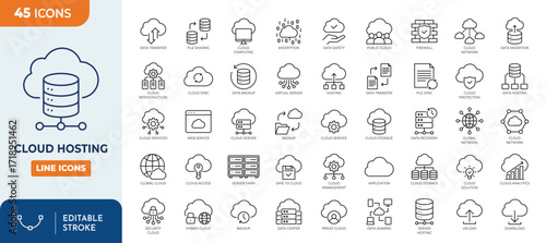 Cloud hosting line editable icon set. Containing cloud storage, cloud computing, data backup, cloud server, file sync, and more. Editable stroke. Vector illustration