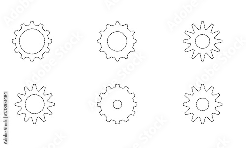 A set of dotted line gear icons for designing technology & engineering infographics & as minimal 'Settings' buttons for web & app UI. A collection of isolated cogwheel process symbols.