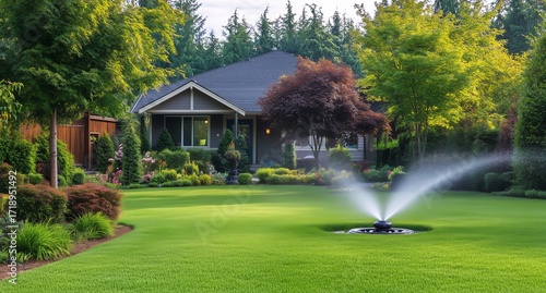 Beautiful Landscaped Yard With Sprinkler System Near Cozy House on a Sunny Day