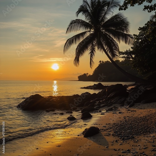 Serene Sunset Over a Tropical Beach With Palm Trees and Gentle Waves.