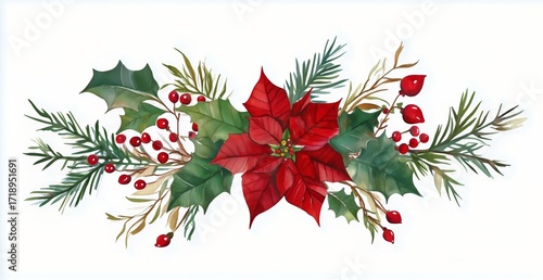 Festive Arrangement Featuring Poinsettia, Holly, and Evergreen Branches for H...