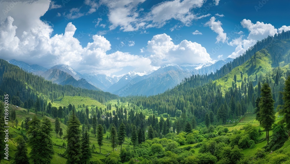 Fototapeta premium Panoramic view of a lush green valley nestled between majestic mountains under a vibrant blue sky dotted with fluffy white clouds