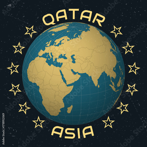 Qatar on Globe. Country name round text. Vintage look with grunge scratched texture. Country view on world map in Sky Blue Light Yellow color palette. Qatar shape on map. Classic vector illustration.