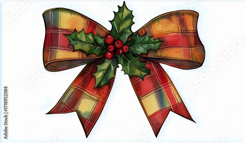 Elegant Red and Green Plaid Bow With Holly Leaves and Berries for Holiday Decor.